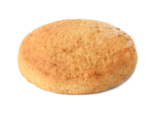 Delicious oatmeal cookie on white background
