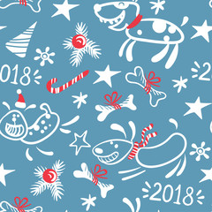 Vector New year seamless pattern with dog, fir branches and bones.