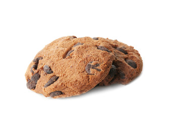 Delicious oatmeal cookies with chocolate chips on white background