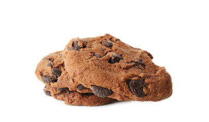 Delicious oatmeal cookies with chocolate chips on white background