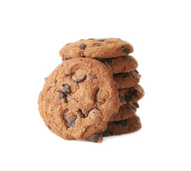 Delicious oatmeal cookies with chocolate chips on white background
