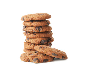 Delicious oatmeal cookies with chocolate chips on white background