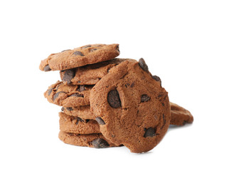 Delicious oatmeal cookies with chocolate chips on white background