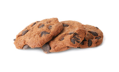 Delicious oatmeal cookies with chocolate chips on white background