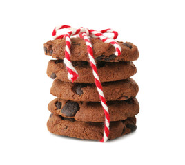 Delicious oatmeal cookies with chocolate chips on white background