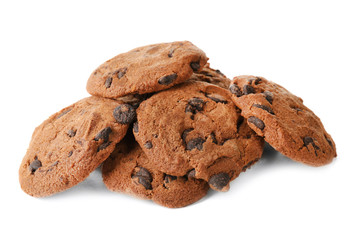Delicious oatmeal cookies with chocolate chips on white background