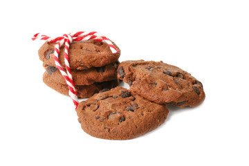 Delicious oatmeal cookies with chocolate chips on white background