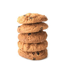 Delicious oatmeal cookies with raisins on white background