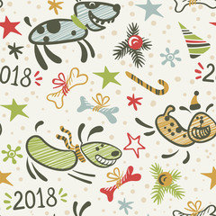 Vector New year seamless pattern with dog, fir branches and bones.