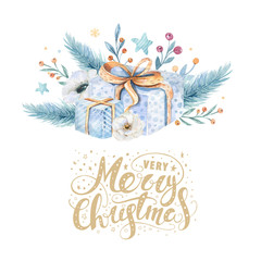 Merry Christmas watercolor cards with floral elements. Happy New Year lettering posters. Winter flower and branch bouquets decoration.