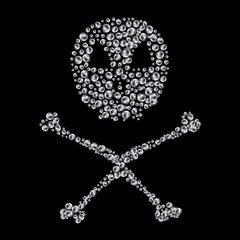 Silhouette of Jolly Roger filled with diamonds. Vector illustration. Hand drawing
