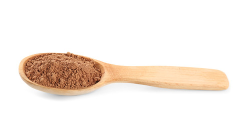 Wooden spoon with cocoa powder on white background