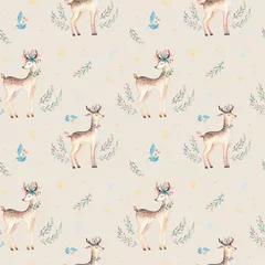 Wallpaper murals Little deer Seamless Christmas baby deer seamless pattern. Hand drawn winter backgraund with deer, snowflakes. Nursery xmas animal illustration. New year design.