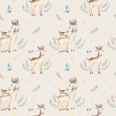 Fototapeta na wymiar Seamless Christmas baby deer seamless pattern. Hand drawn winter backgraund with deer, snowflakes. Nursery xmas animal illustration. New year design.