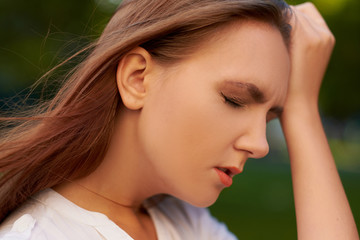 Women's stupid mistake. Regret guilt forget headache hangover concept