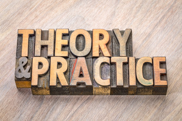 theory and practice word abstract in wood type - obrazy, fototapety, plakaty