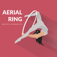 Woman gymnast aerial ring, isolated on pink. Aerial hoop. Beautiful dance sport and fitness logo.