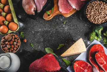Healthy food background. Selection of protein sources: beef and pork meat, chicken  filet, salmon fish, egg, beans, nuts, milk. Top view copy space, dark background frame