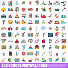 100 school festival icons set, cartoon style 