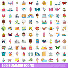 100 summer icons set, cartoon style 
