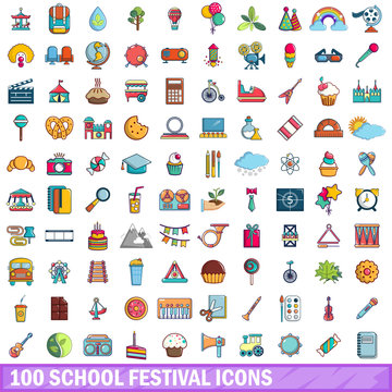 100 school festival icons set, cartoon style 