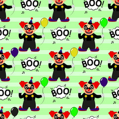 Abstract seamless pattern for girls or boys. Creative vector background with a clown, scary face, halloween. Funny wallpaper for textile and fabric. Fashion style. Colorful bright picture for children