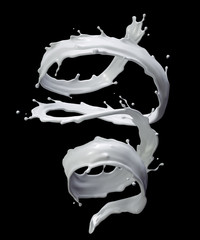 3d milk splash, white liquid, spiral jet, paint, clip art isolated on black background