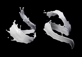 Foto op Plexiglas 3d melkplons, witte vloeistof, spiraalvormige straal, verf, illustraties geïsoleerd op zwarte achtergrond © wacomka