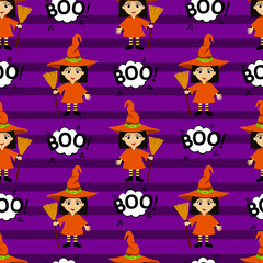 Abstract seamless pattern for girls or boys. Creative vector background with young witch, halloween. Funny wallpaper for textile and fabric. Fashion style. Colorful bright picture for children