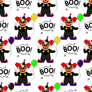 Abstract seamless pattern for girls or boys. Creative vector background with a clown, scary face, halloween. Funny wallpaper for textile and fabric. Fashion style. Colorful bright picture for children