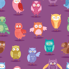 Cartoon owl night fly bird cartoon style vector set character different pose seamless pattern background