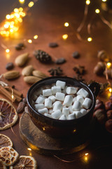 Cup of traditional hot chocolate or cocoa with marshmallow, cinnamon, nuts and spices on dark stone table