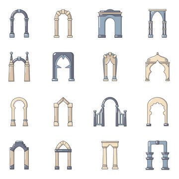 Arch types icons set, cartoon style