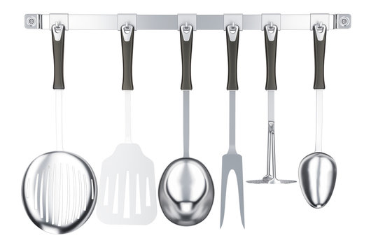 Various kitchen utensils on a kitchen hook strip, 3D rendering