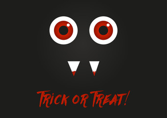 Illustration of monster with red eyes and blood on his teeth and text Trick or Treat!