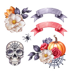 watercolor illustration, Halloween clip art, autumn design elements, skull, flowers, pumpkin, fall,...