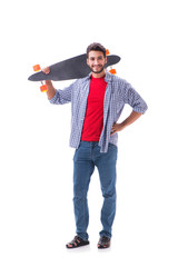 Young skateboarder with a longboard skateboard isolated on white