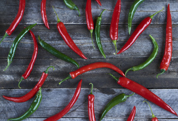 Top View Pile of Fresh Red Hot Chili on blue wooden background. Texture or template to mock up or input Text