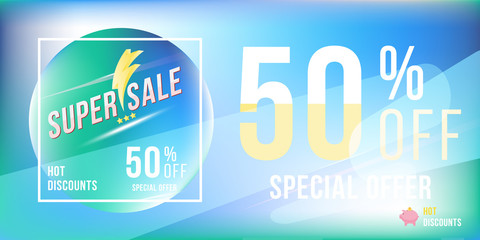 Special offer 50% discount in bright rectangular poster format and flyer. Super sale template for print and web advertising banner on blue background. Flat vector illustration EPS 10.