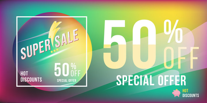 Super sale 50% discount bright rectangular poster format and flyer. Template for design advertising and banner on colour background. Flat vector illustration EPS 10.