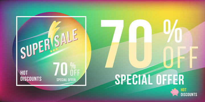 Super sale 70% discount bright rectangular poster format and flyer. Template for design advertising and banner on colour background. Flat vector illustration EPS 10.