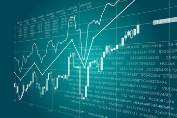 Vector business theme illustration. Background with graphs and figures. A digital panel with a distorted perspective.
