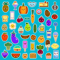 Big set of kawaii character funny cartoon food. Flat design Vector Illustration eps10