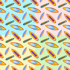 Seamless set pattern with vintage surfboards on color Background. Flat design Vector Illustration EPS