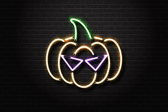 Vector realistic isolated neon sign of Halloween spooky pumpkin for decoration and covering on the wall background. Concept of Happy Halloween.