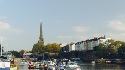 Bristol Floating Harbour, with view of St Mary Redcliffe Church and Painted Houses along the Harbour, Shallow Depth of Field Split Toning Photography