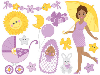 Vector Set for Baby Shower with Pregnant African American Woman, Baby and Elements