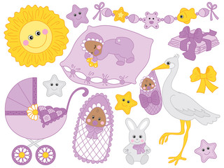 Vector Set for Baby Shower with African American Baby, Stork, Stroller and Elements