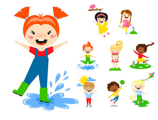 Kids play enjoy spring arrival warm summer little characters happy playing vector illustration.