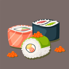 Sushi japanese cuisine traditional food flat healthy gourmet icons asia meal culture roll vector illustration.